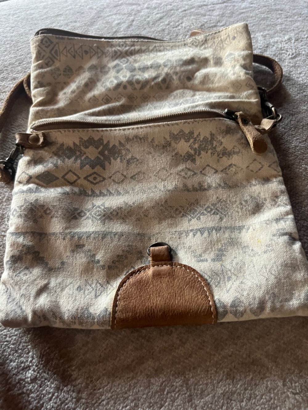 Myra Neutral Patterned Canvas Crossbody Bag with cowhide Trim - Picture 2 of 8